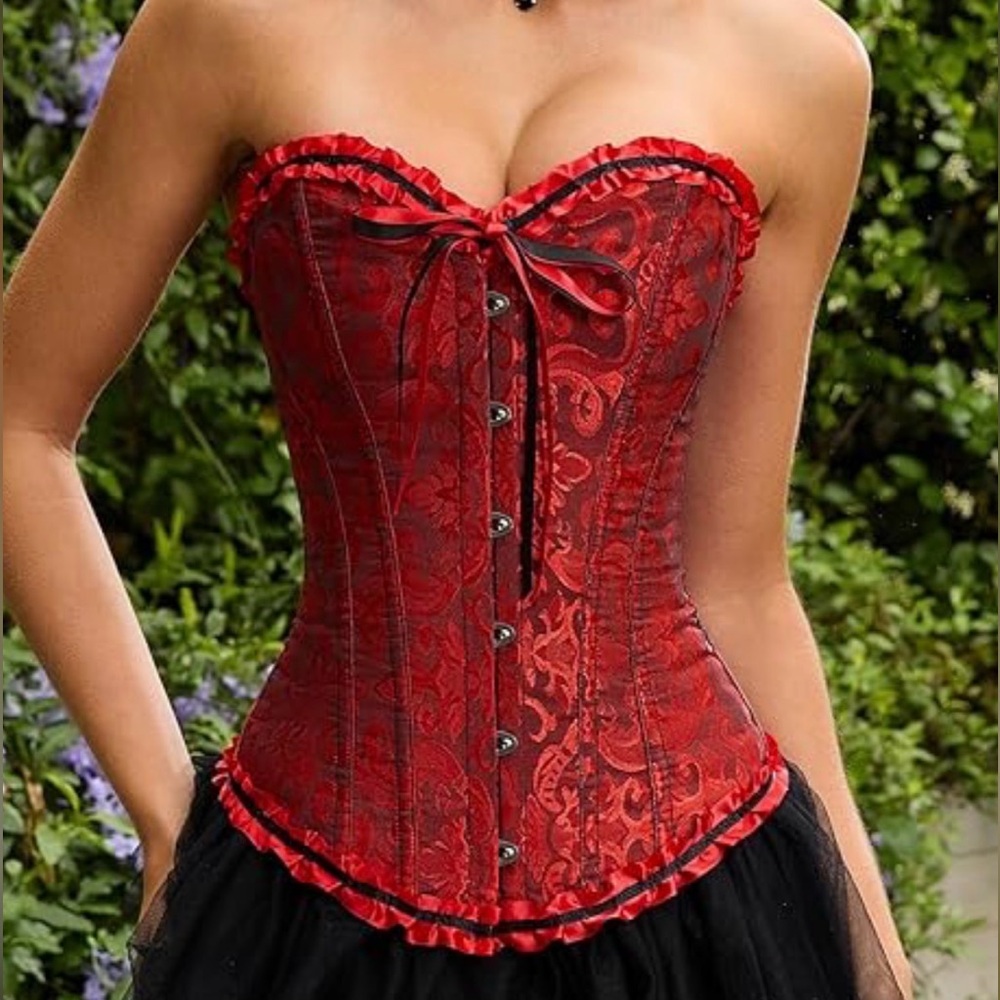 Red Brocade Strapless Corset Bustier with Ribbon Trim